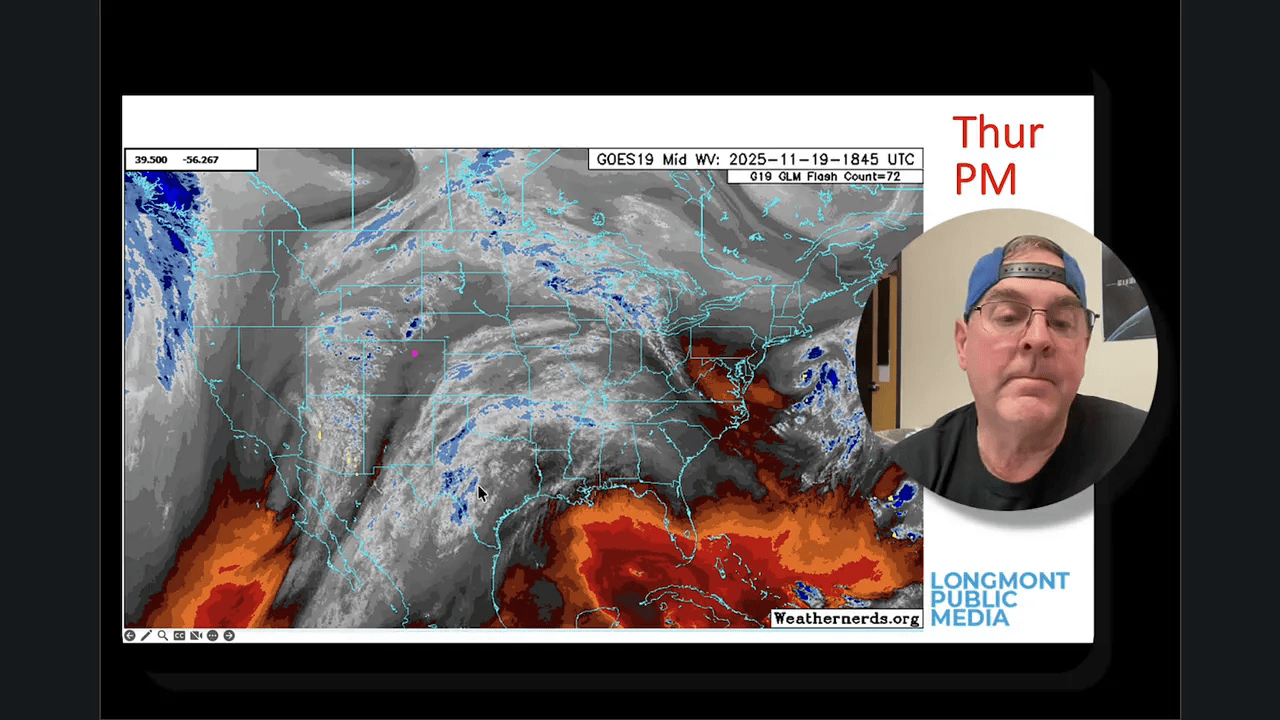 GOES water‑vapor satellite map showing a moisture plume into the western U.S. and Four Corners with an inset of the presenter