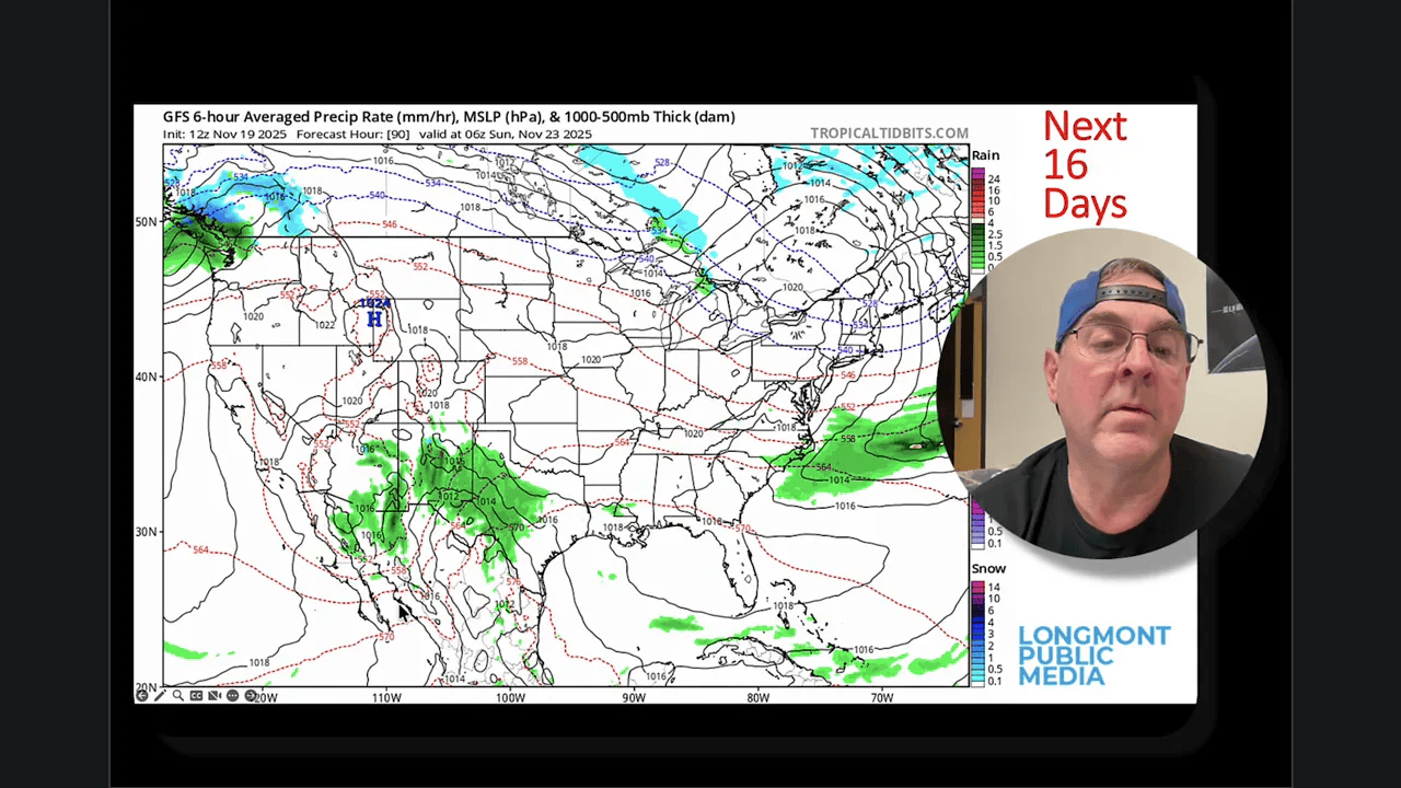 Clear GFS 6-hour averaged precipitation and thickness map showing precipitation focused over the Colorado/Utah mountains and higher terrain, with a presenter inset at right.